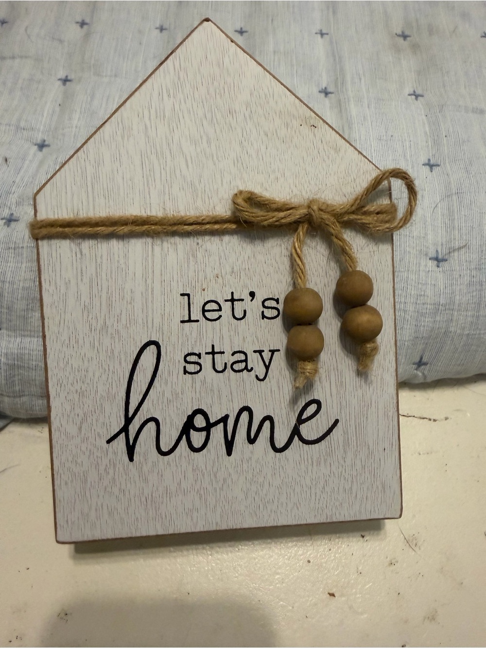 Rustic White "Let's Stay Home" Wall Plaque with Jute Accent